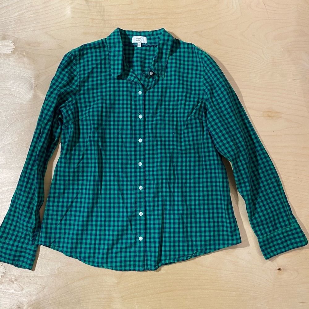 crown & ivy Green and Navy Gingham Button-Down Shirt Large (QT) - Picture 2 of 7